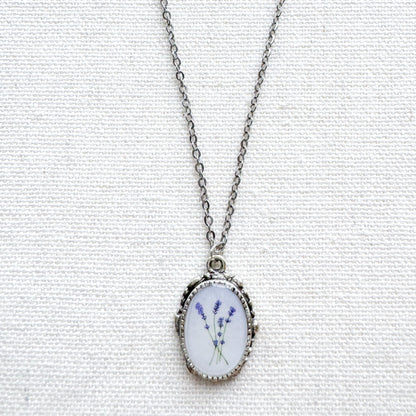 Lavender Botanical Illustration Pendant Necklace | Silver