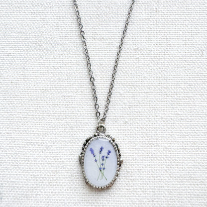 Lavender Botanical Illustration Pendant Necklace | Silver