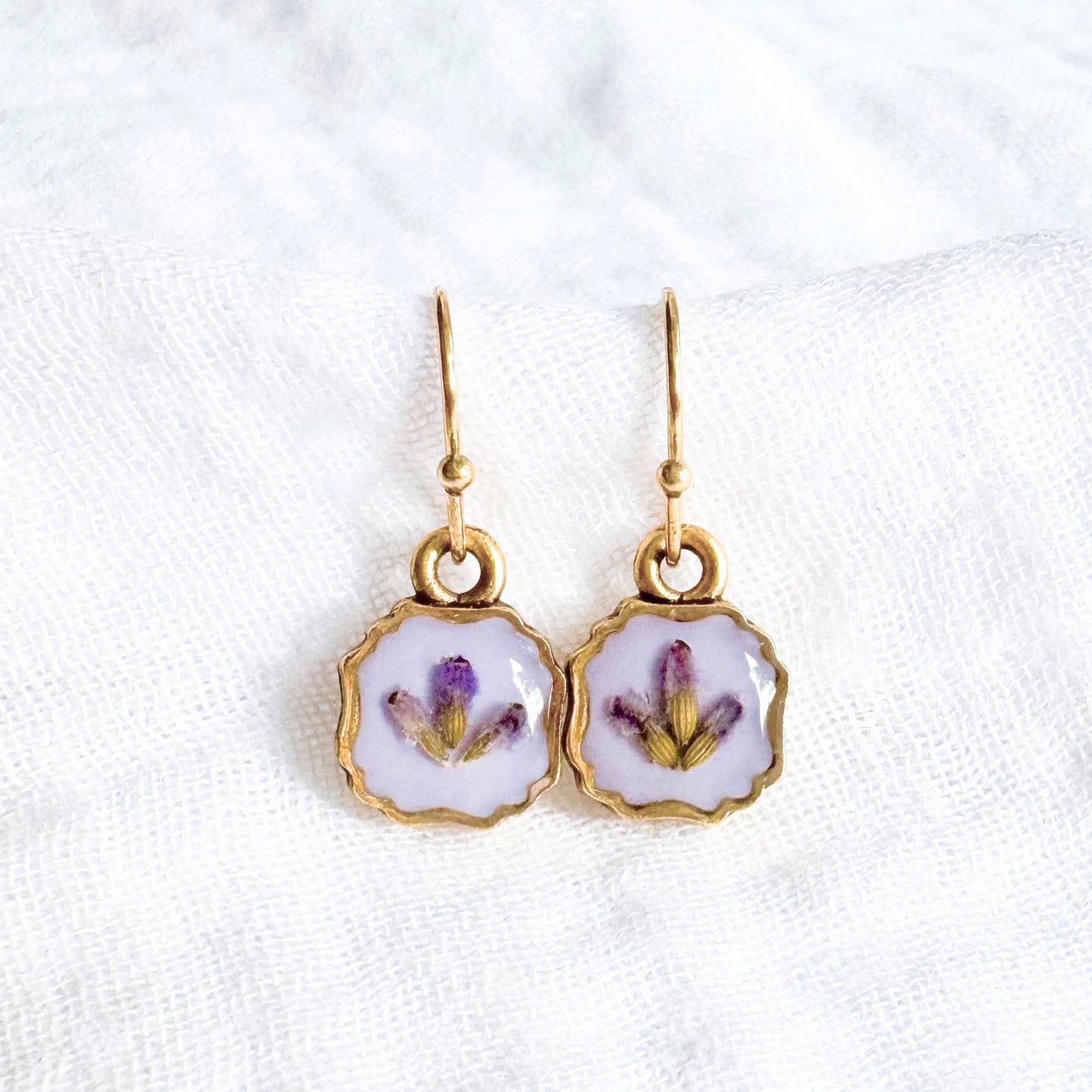 Lavender Trio Pressed Flower Drop Earrings | Gold