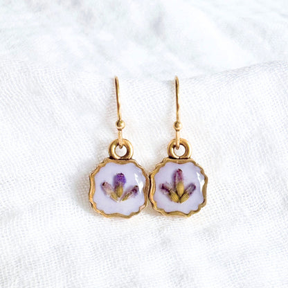 Lavender Trio Pressed Flower Drop Earrings | Gold