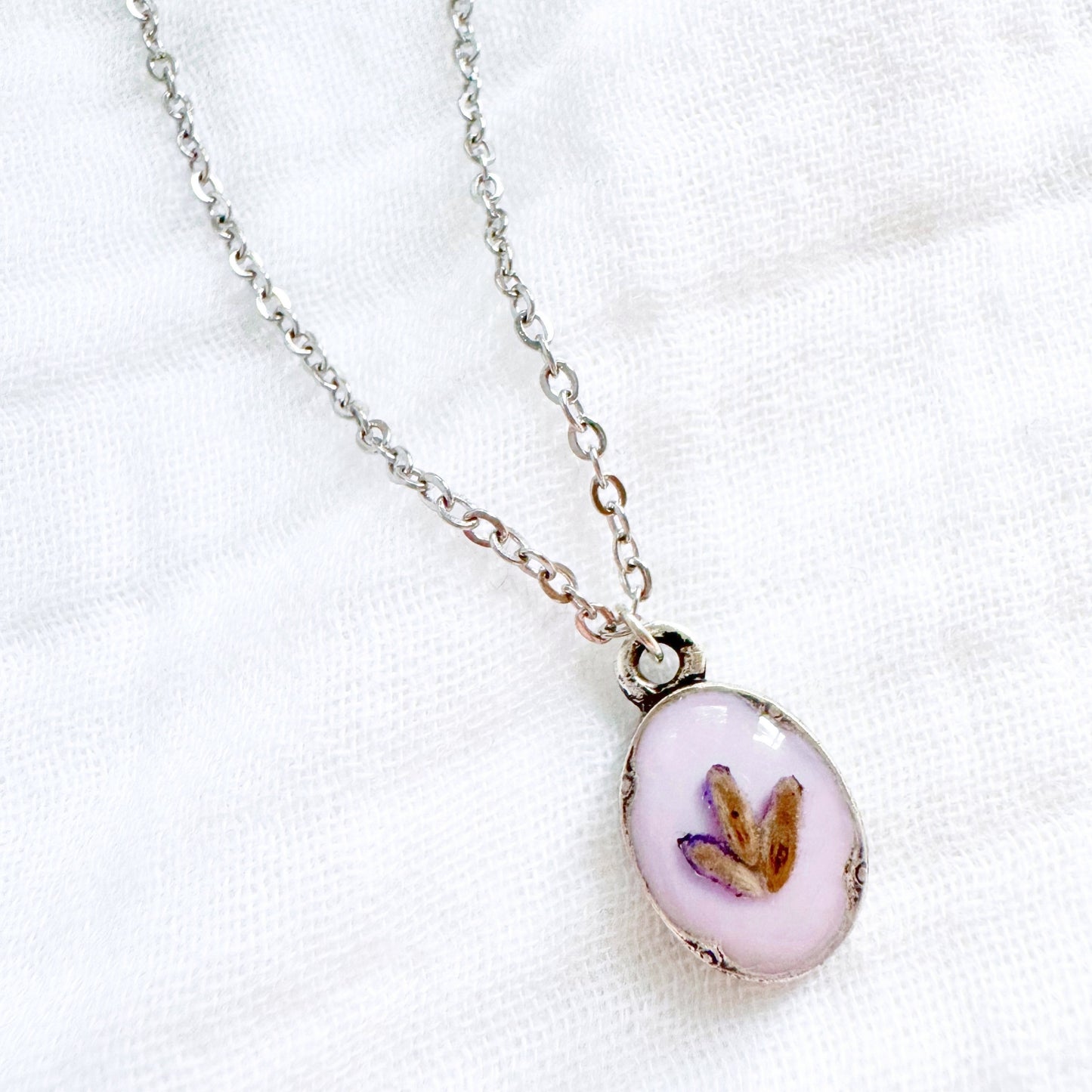 Lavender Trio Mini Ornate Pressed Flower Necklace | Silver