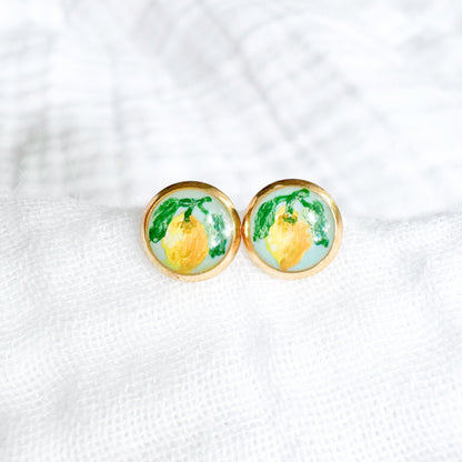 Hand-painted Botanical Lemon Earrings | Gold