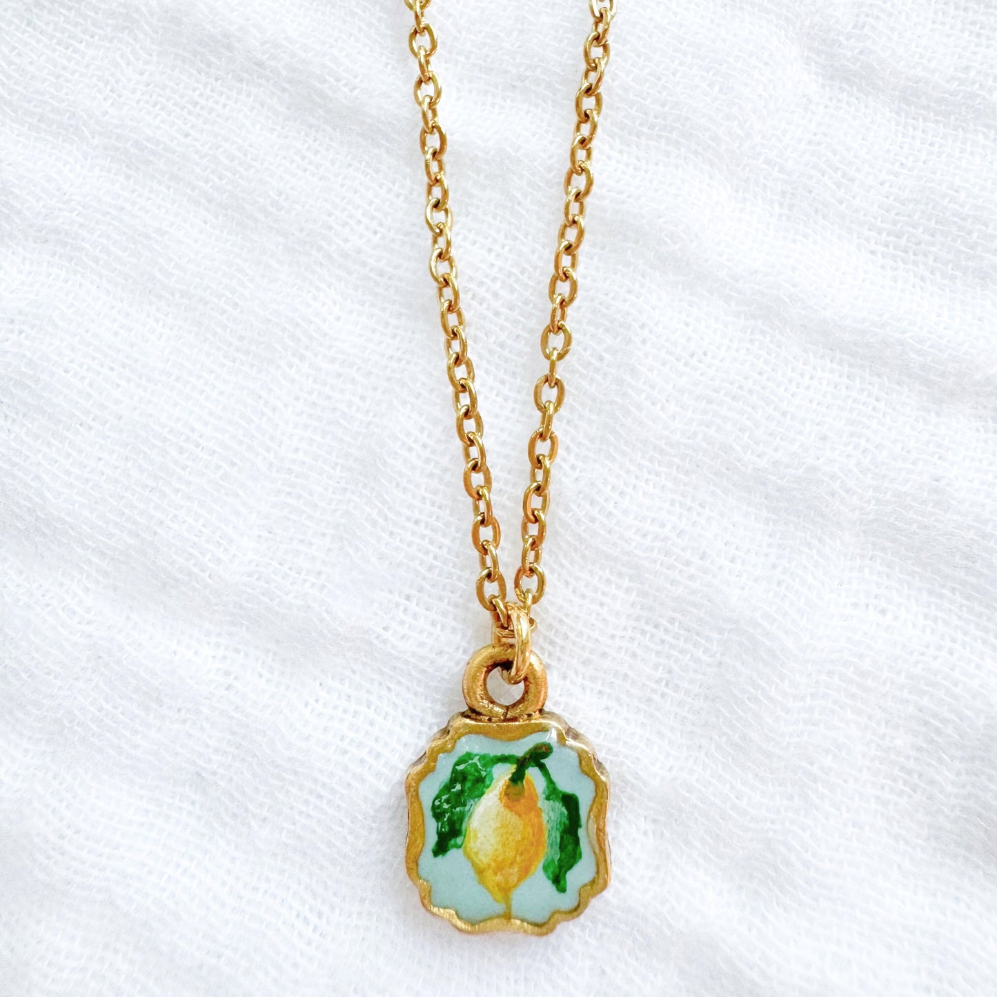 Hand-painted Botanical Lemon Mini Frame Necklace | Gold