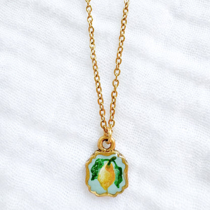 Hand-painted Botanical Lemon Mini Frame Necklace | Gold