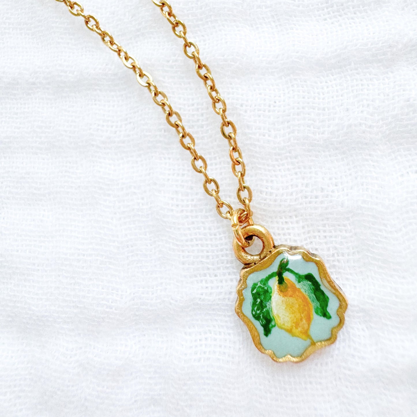 Hand-painted Botanical Lemon Mini Frame Necklace | Gold