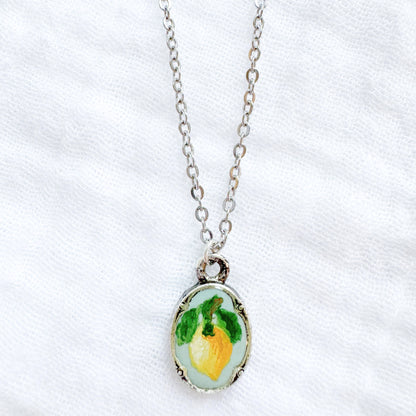 Hand-painted Botanical Lemon Mini Ornate Necklace | Silver