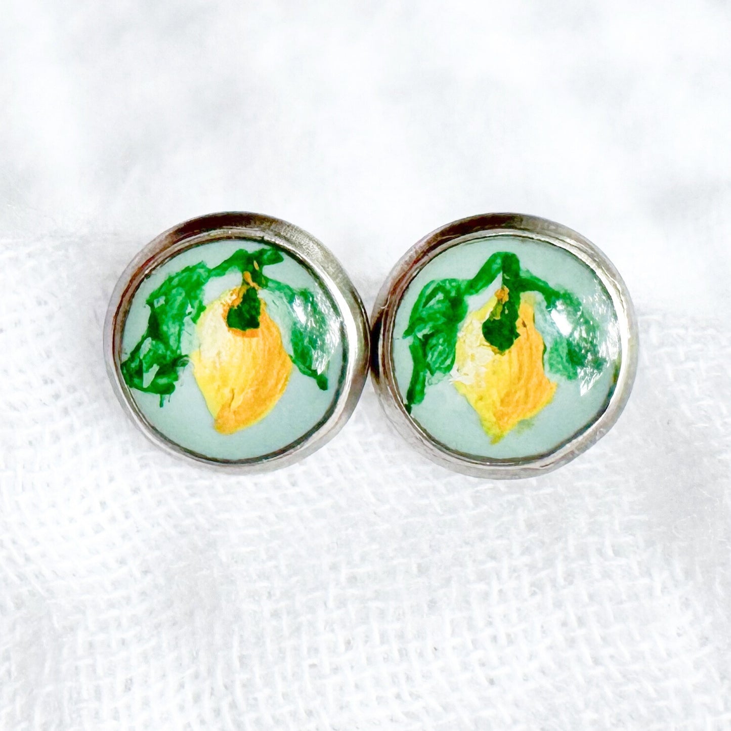 Hand-painted Botanical Lemon Earrings | Silver
