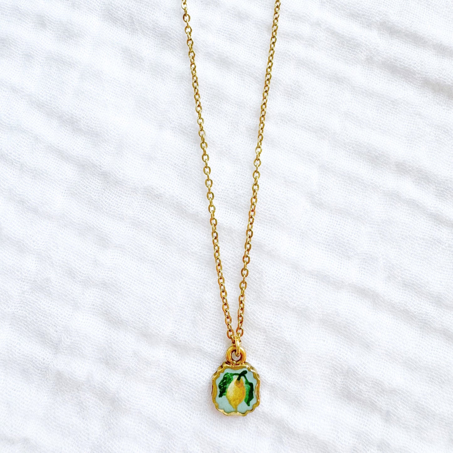 Hand-painted Botanical Lemon Mini Frame Necklace | Gold