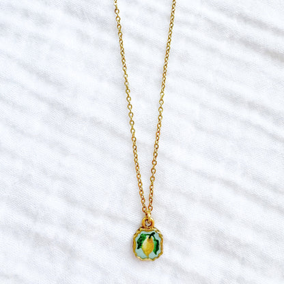 Hand-painted Botanical Lemon Mini Frame Necklace | Gold