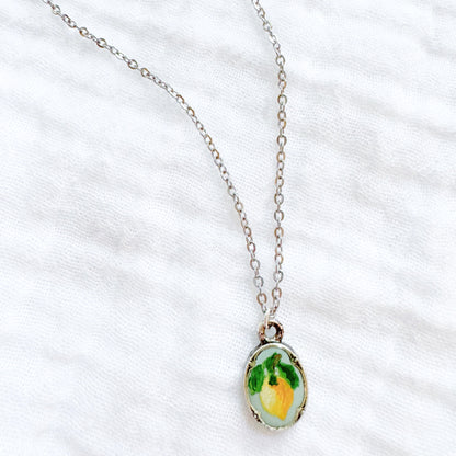 Hand-painted Botanical Lemon Mini Ornate Necklace | Silver