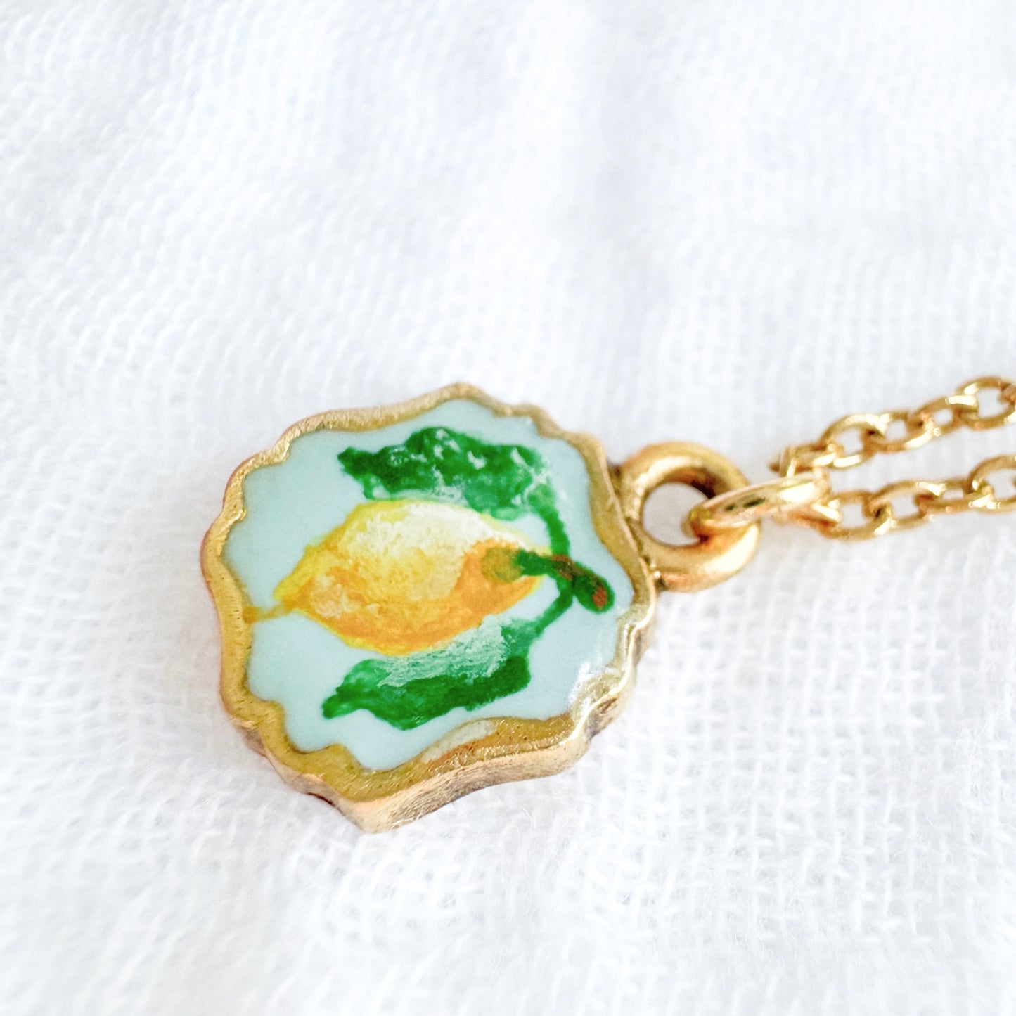 Hand-painted Botanical Lemon Mini Frame Necklace | Gold