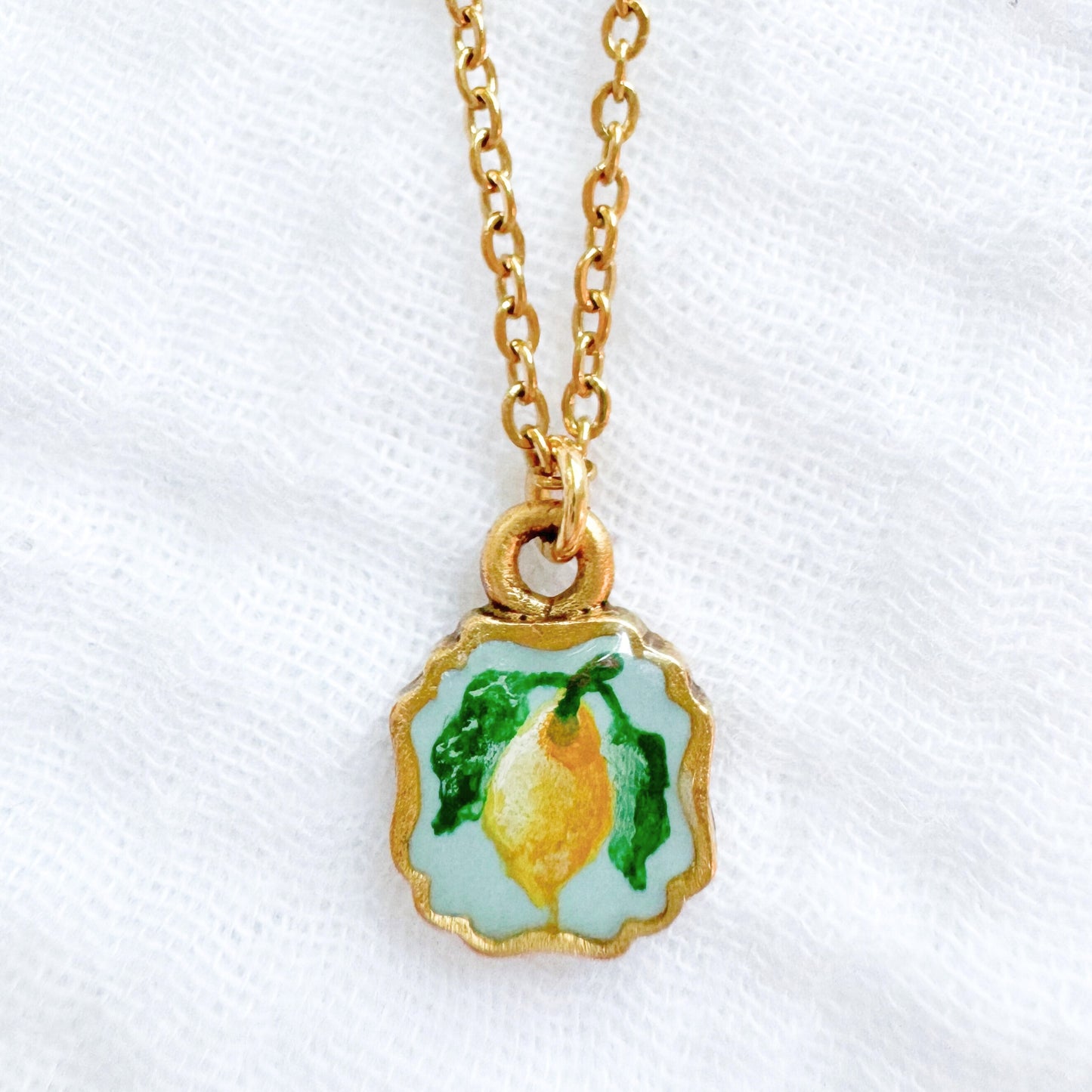 Hand-painted Botanical Lemon Mini Frame Necklace | Gold