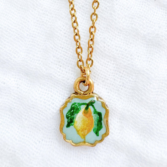 Hand-painted Botanical Lemon Mini Frame Necklace | Gold
