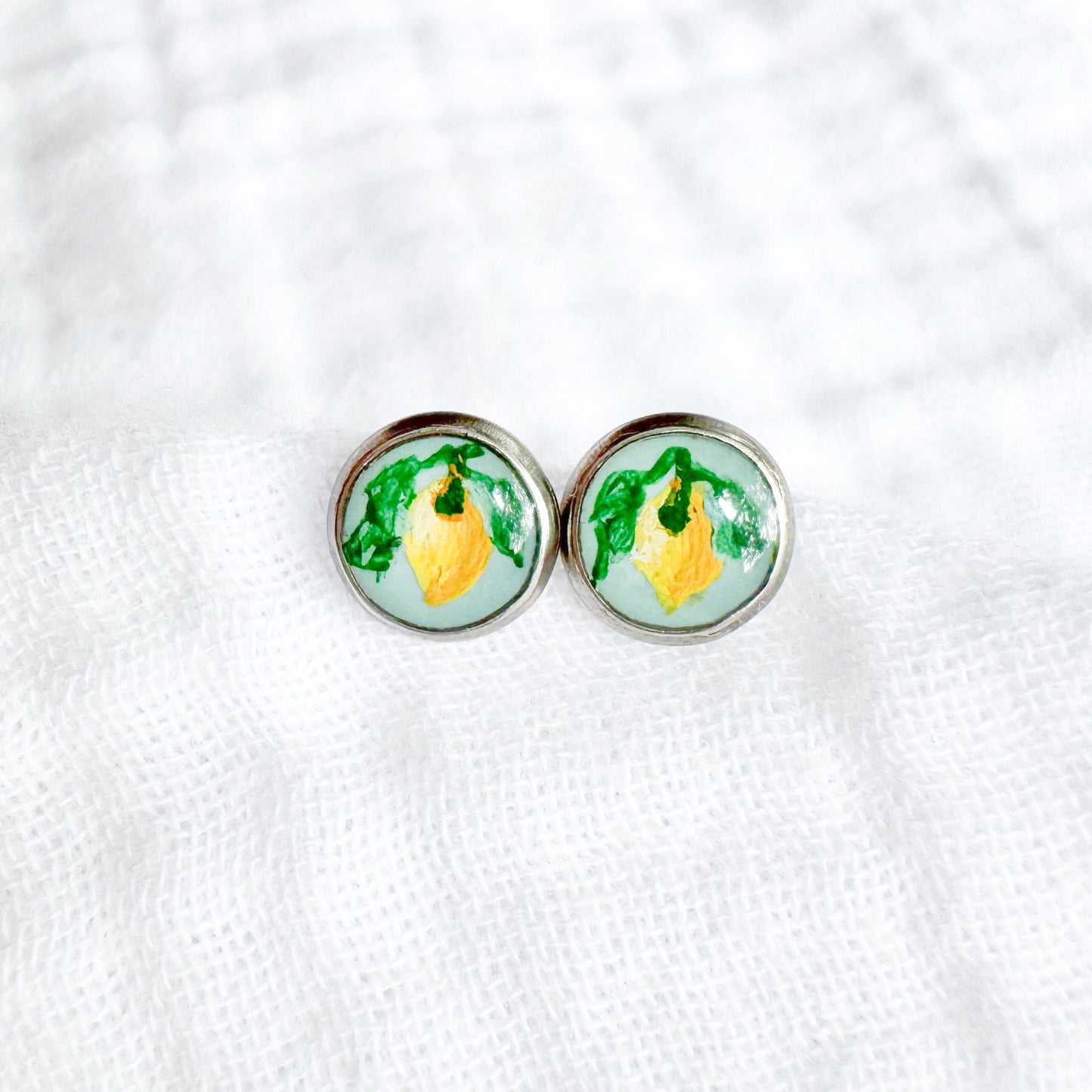 Hand-painted Botanical Lemon Earrings | Silver