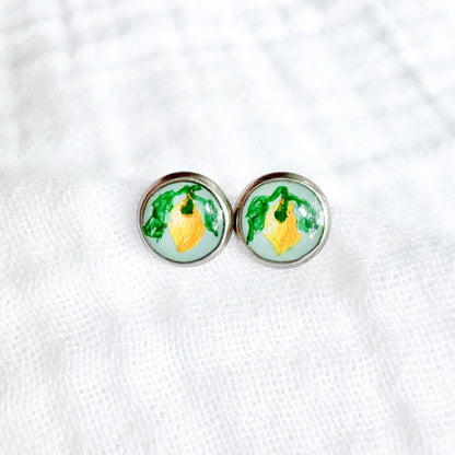Hand-painted Botanical Lemon Earrings | Silver