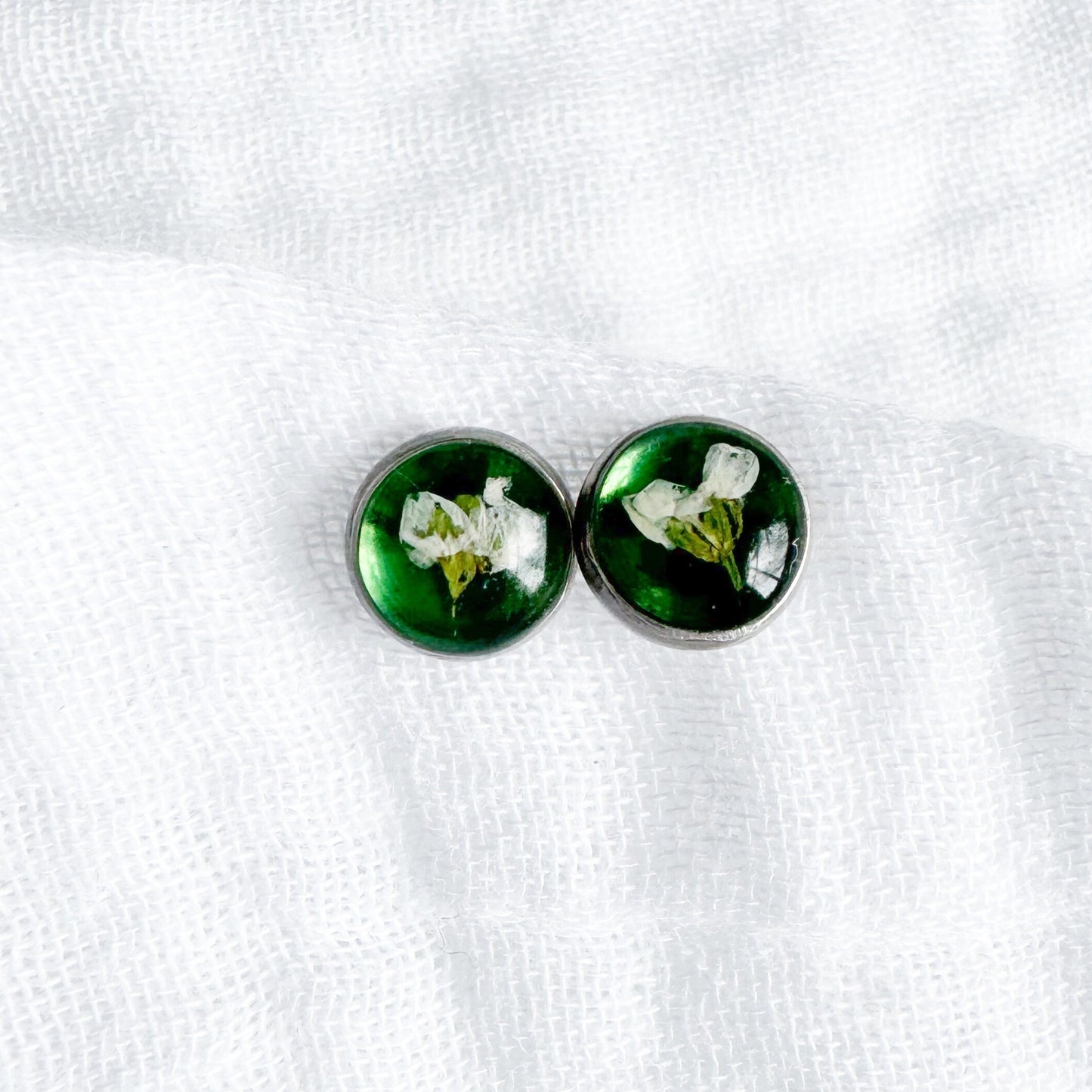 Emerald Pressed Flower Earrings | May Birthstone, Silver