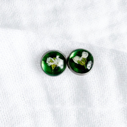 Emerald Pressed Flower Earrings | May Birthstone, Silver