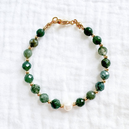 Moss Agate Pearl Bracelet | Gold