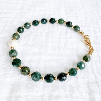 Moss Agate Pearl Bracelet | Gold