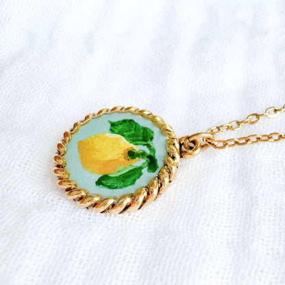 Hand-painted Botanical Lemon Nautical Necklace | Gold