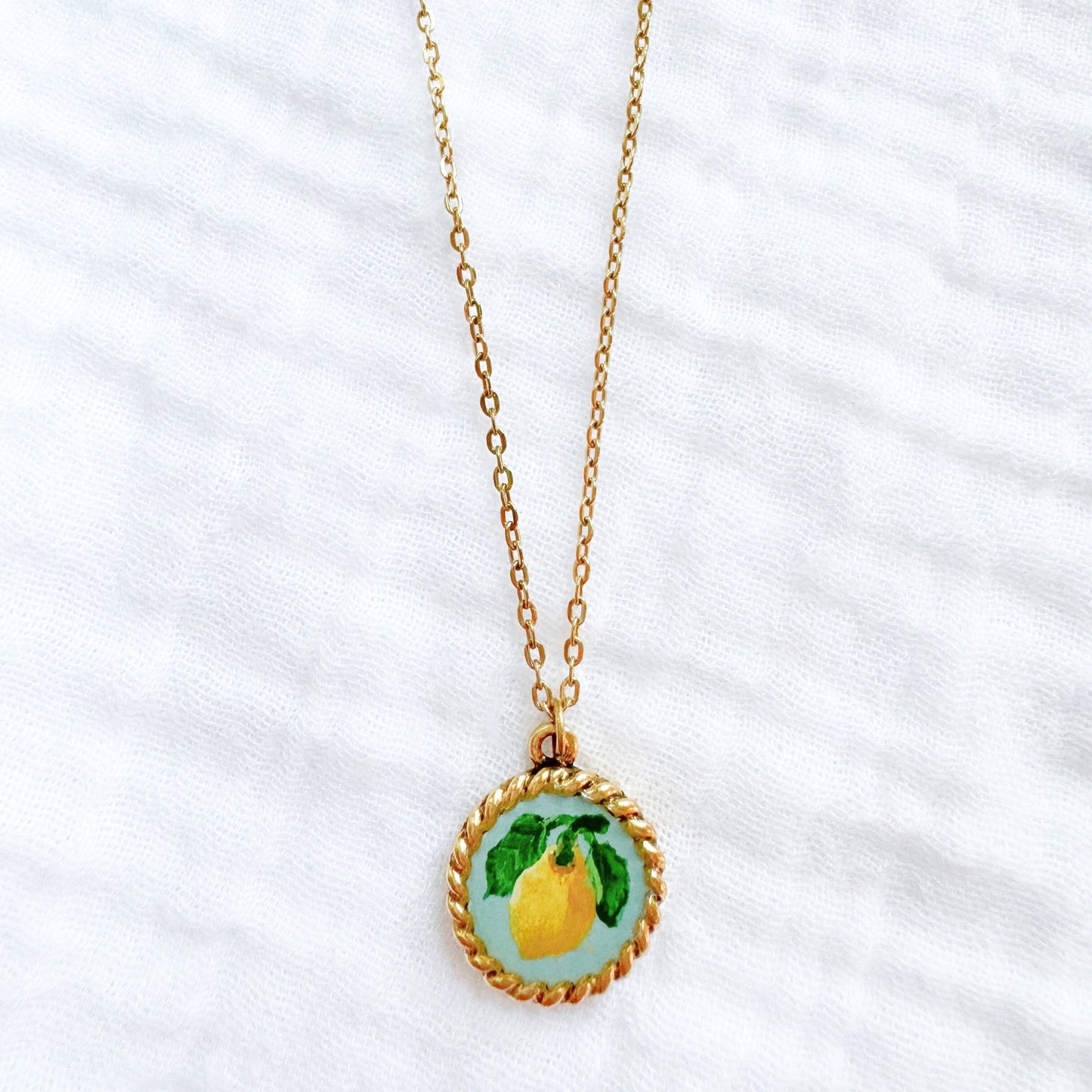 Hand-painted Botanical Lemon Nautical Necklace | Gold
