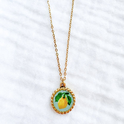 Hand-painted Botanical Lemon Nautical Necklace | Gold