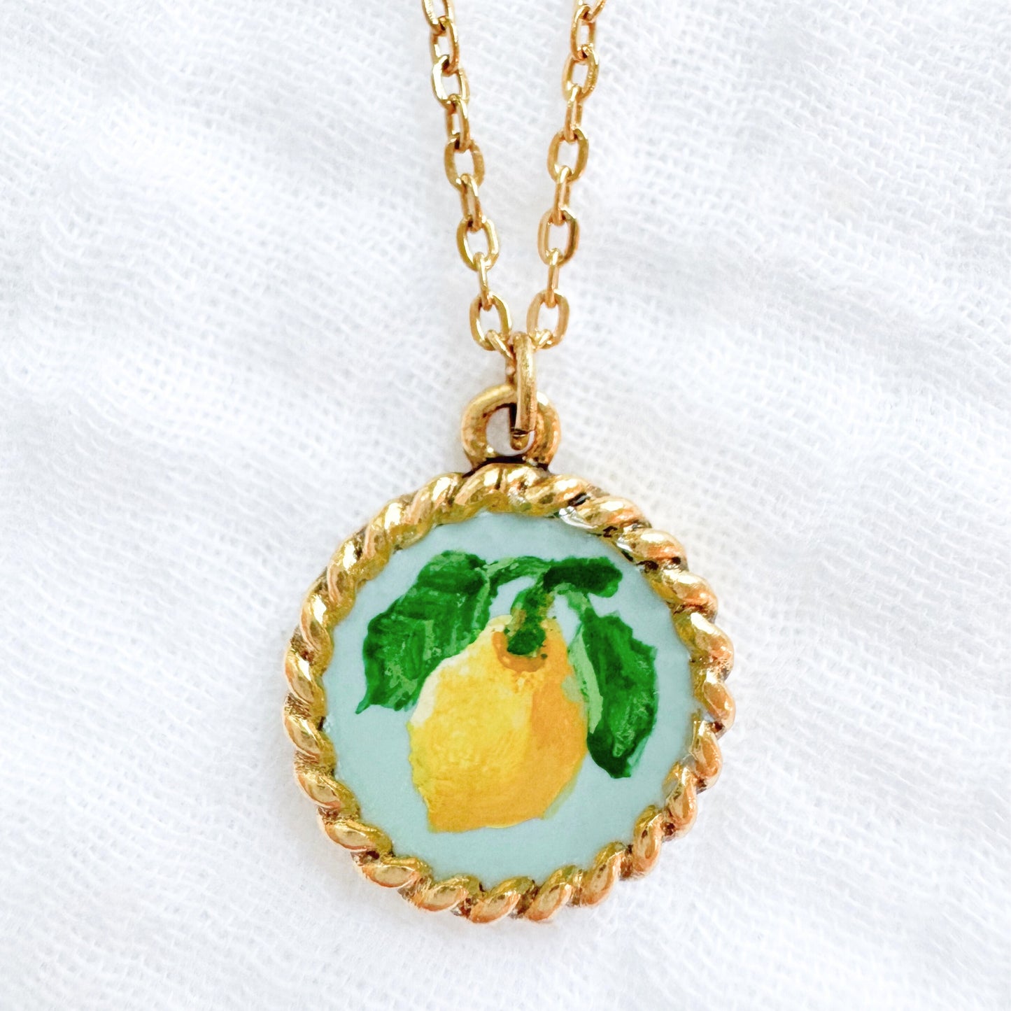 Hand-painted Botanical Lemon Nautical Necklace | Gold