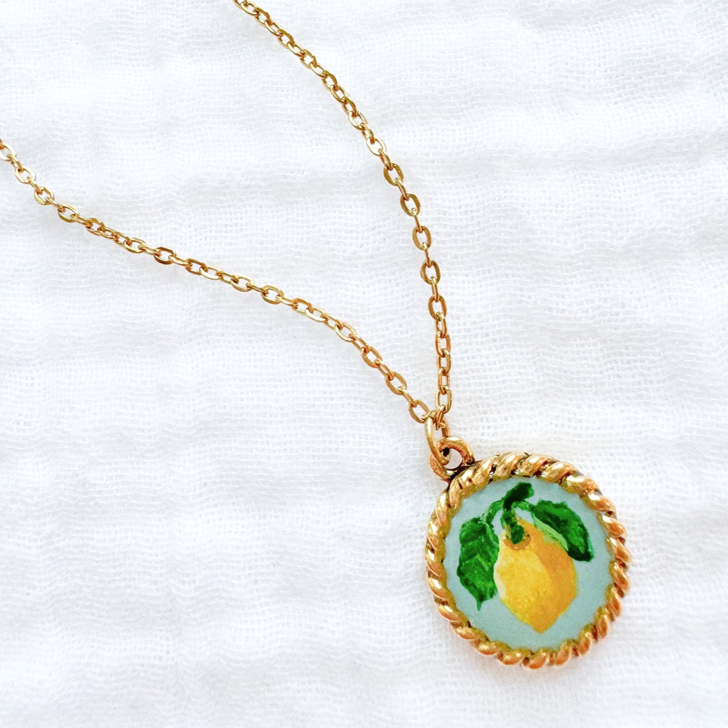 Hand-painted Botanical Lemon Nautical Necklace | Gold