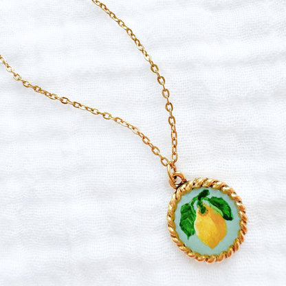 Hand-painted Botanical Lemon Nautical Necklace | Gold