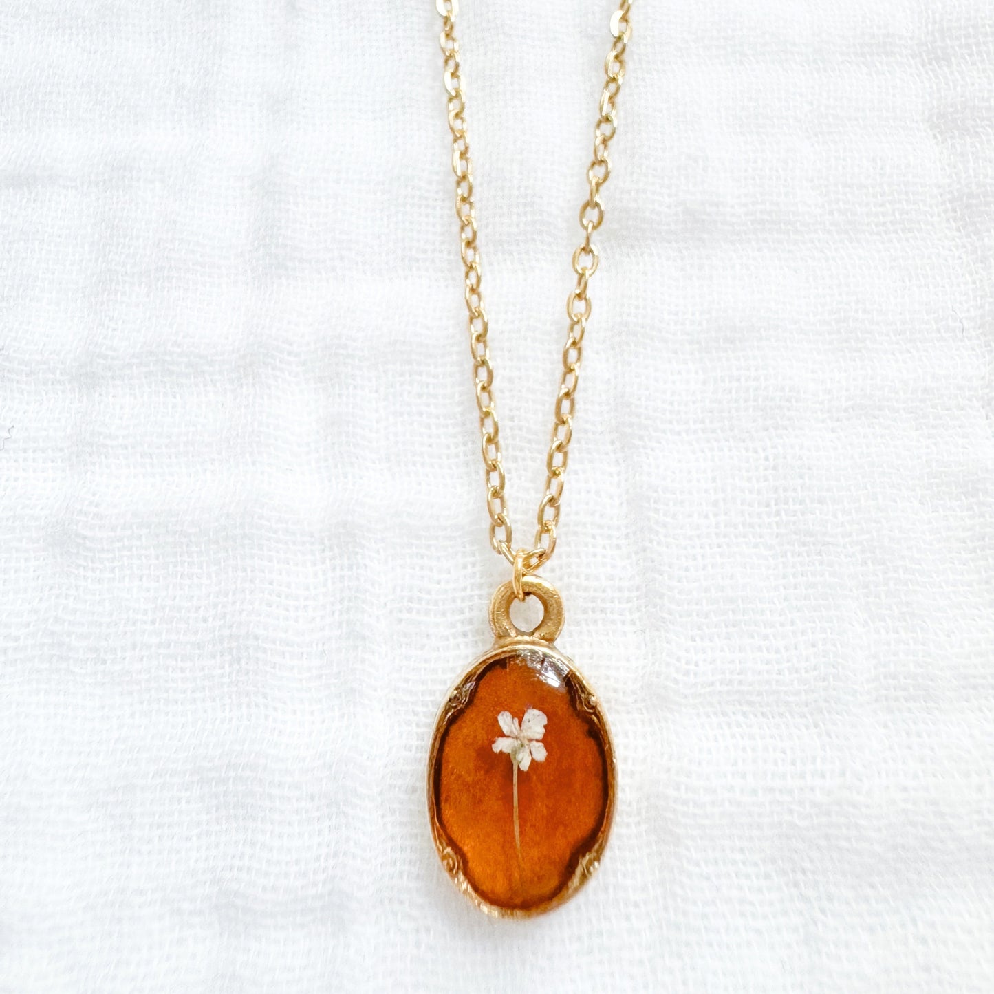 Amber Mini Ornate Pressed Flower Necklace | Brownish-orange, Gold