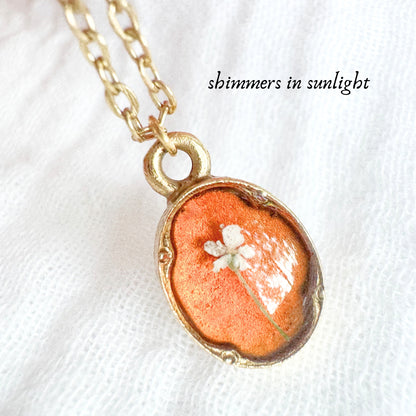 Amber Mini Ornate Pressed Flower Necklace | Brownish-orange, Gold