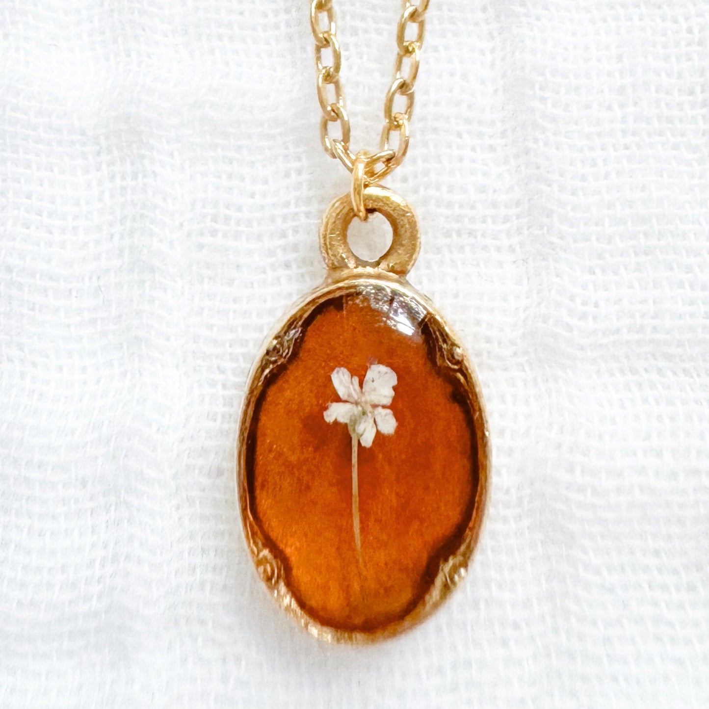 Amber Mini Ornate Pressed Flower Necklace | Brownish-orange, Gold