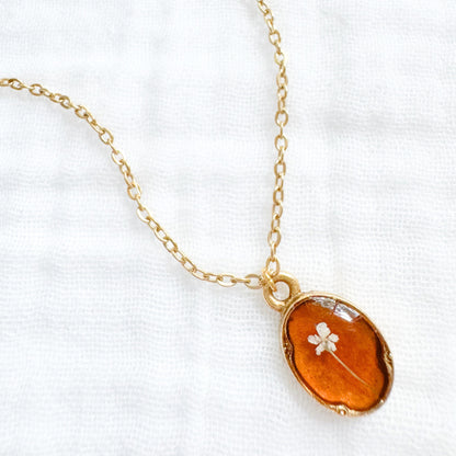 Amber Mini Ornate Pressed Flower Necklace | Brownish-orange, Gold