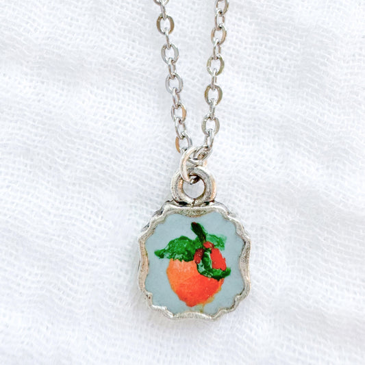 Hand-painted Botanical Orange Mini Frame Necklace | Silver
