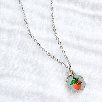 Hand-painted Botanical Orange Mini Frame Necklace | Silver