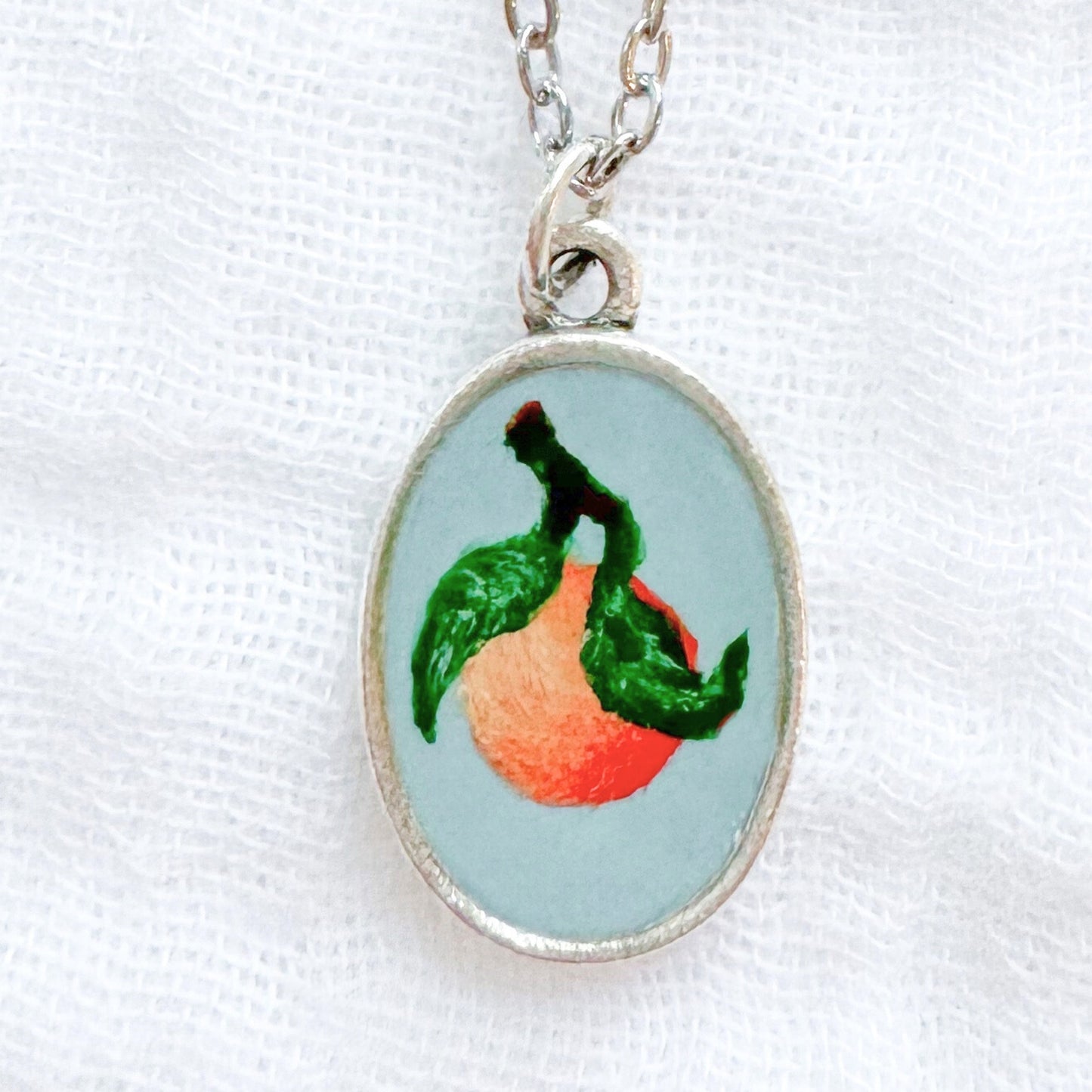 Hand-painted Botanical Orange Classic Oval Necklace | Silver