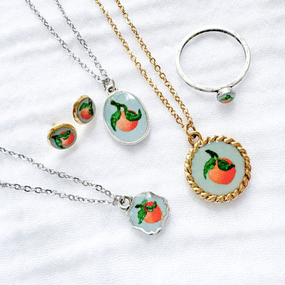 Hand-painted Botanical Orange Mini Frame Necklace | Silver