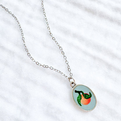 Hand-painted Botanical Orange Classic Oval Necklace | Silver