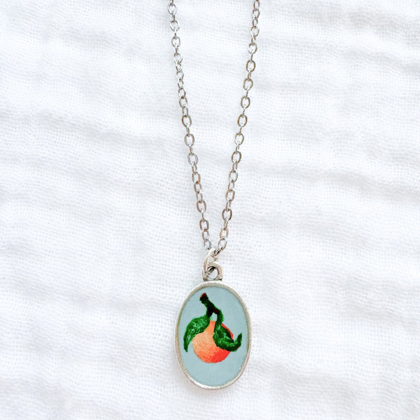 Hand-painted Botanical Orange Classic Oval Necklace | Silver