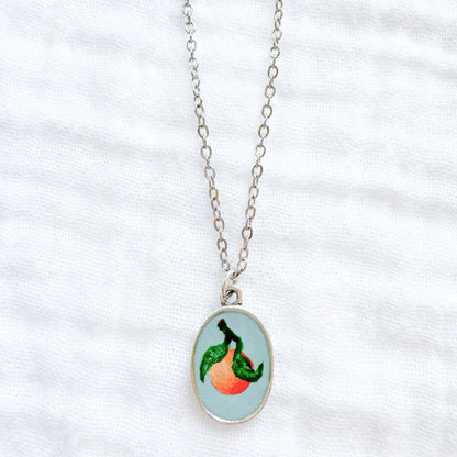 Hand-painted Botanical Orange Classic Oval Necklace | Silver