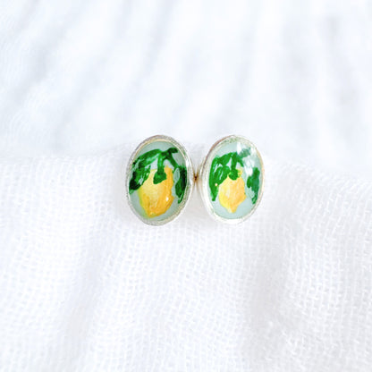Hand-painted Botanical Lemon Oval Earrings | Silver