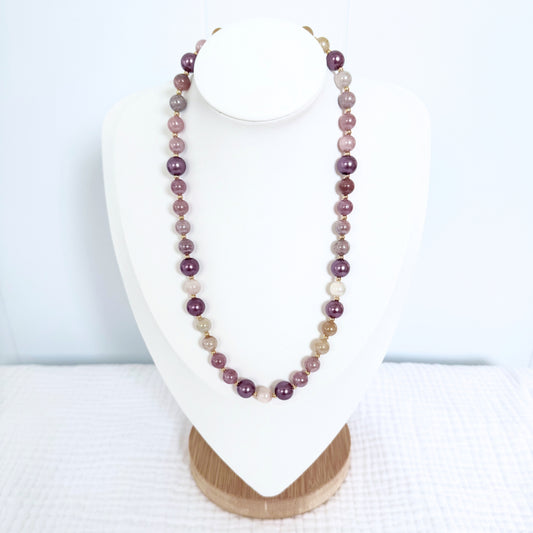 Glass Pearl and Sunstone Gemstone Necklace | Gold