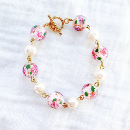 Pink Floral Lampwork Pearl Bracelet | Gold