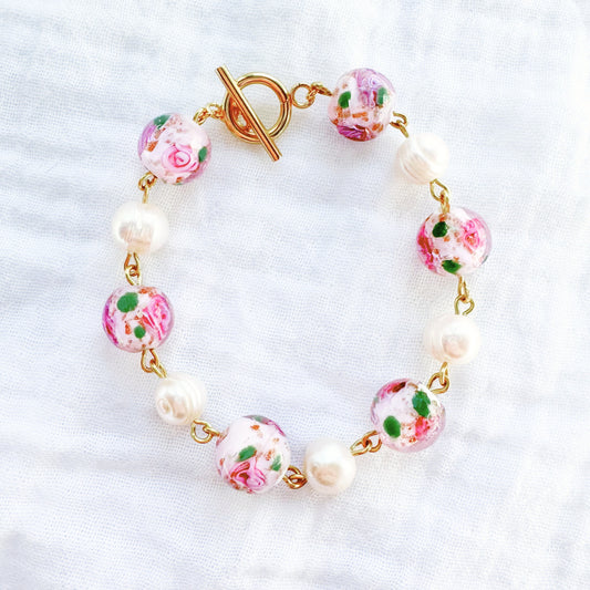 Pink Floral Lampwork Pearl Bracelet | Gold