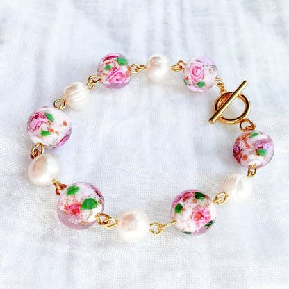 Pink Floral Lampwork Pearl Bracelet | Gold