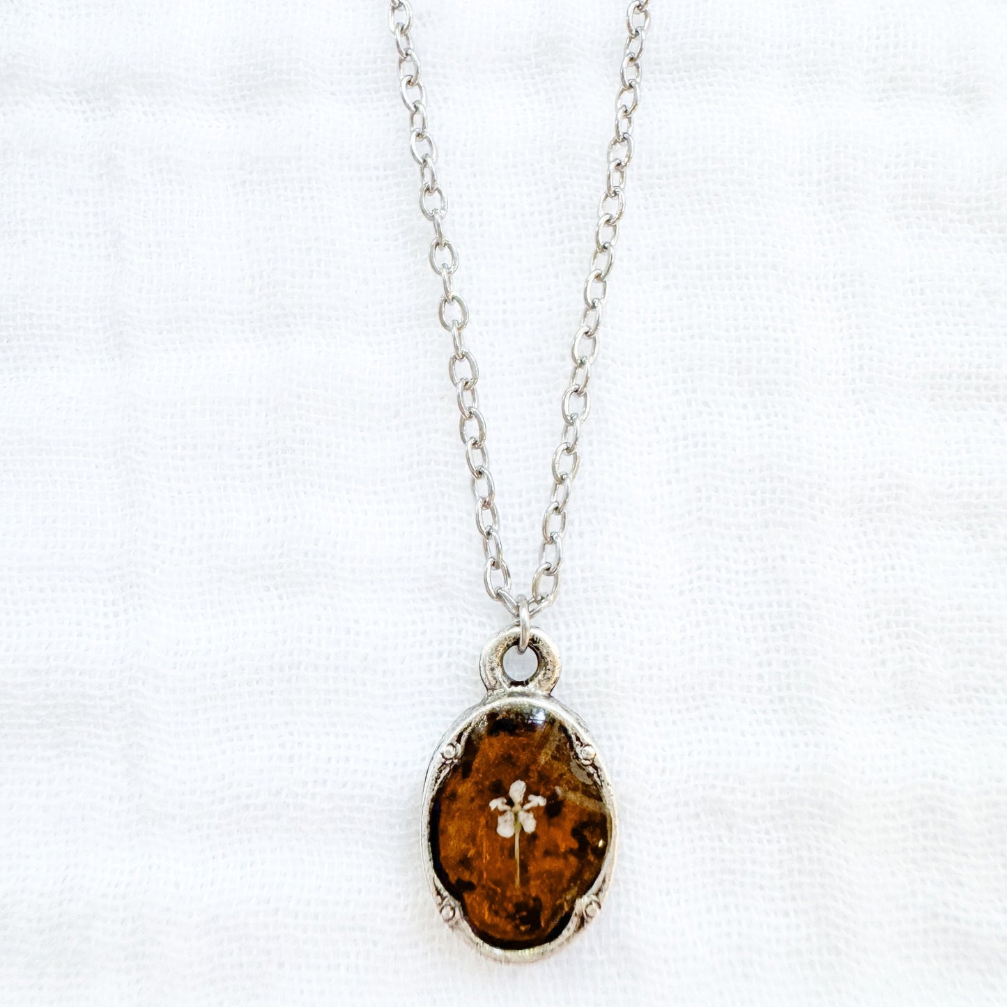 Amber Mini Ornate Pressed Flower Necklace | Brownish-orange, Silver