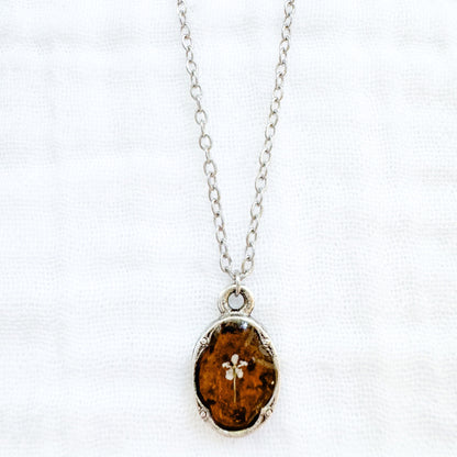 Amber Mini Ornate Pressed Flower Necklace | Brownish-orange, Silver