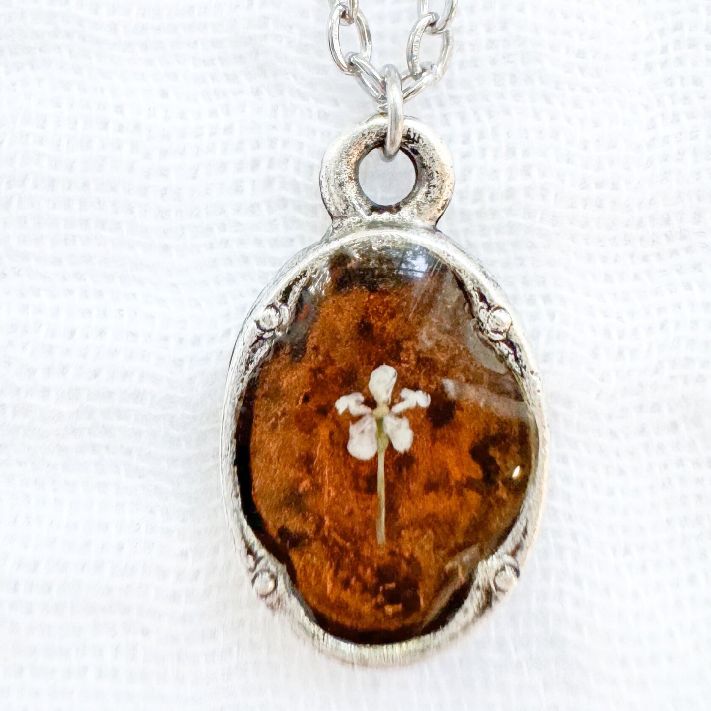 Amber Mini Ornate Pressed Flower Necklace | Brownish-orange, Silver