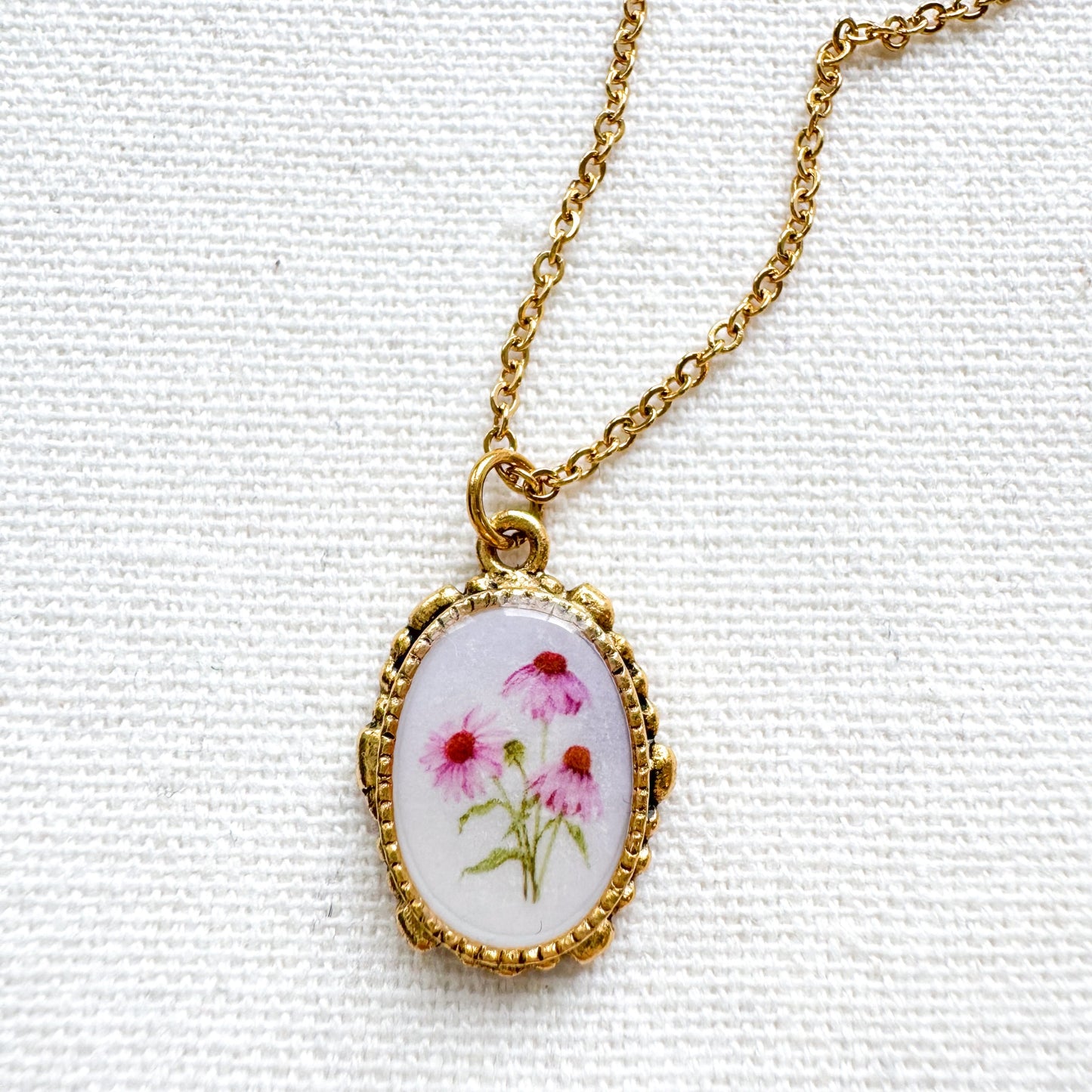 Purple Coneflower Botanical Illustration Pendant Necklace | Gold