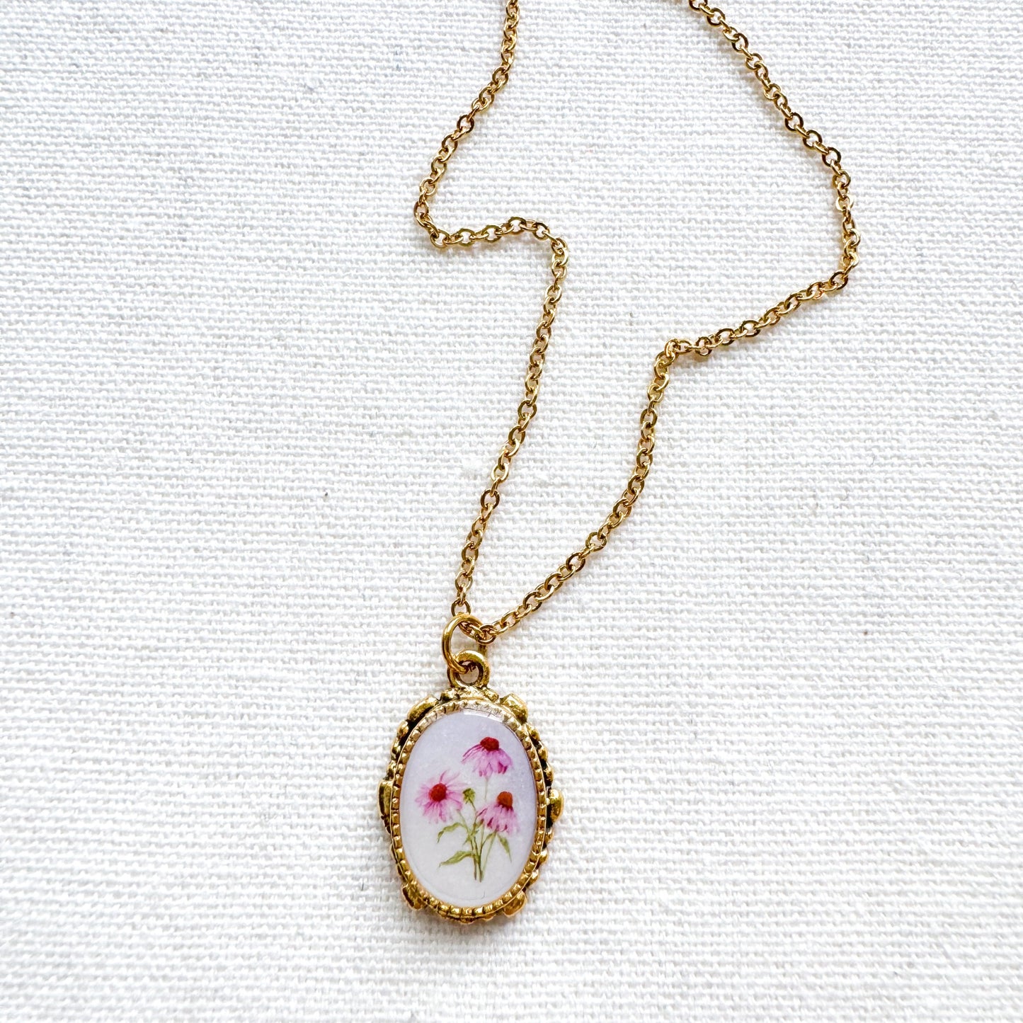 Purple Coneflower Botanical Illustration Pendant Necklace | Gold